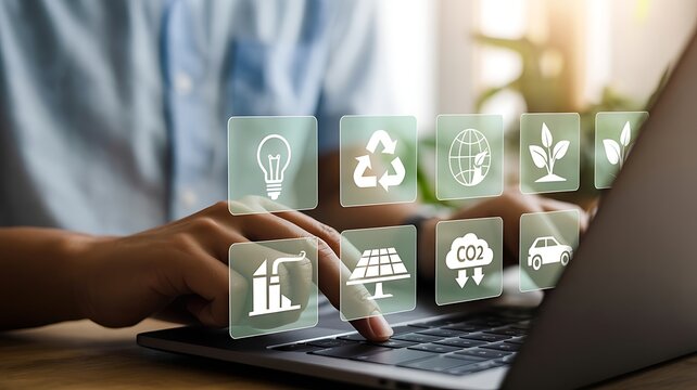 Person using laptop with environmental icons typing