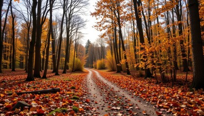 a beautiful autumn scene with a winding forest path covered in fallen leaves in shades of burnt orange and mustard yellow, in a quiet nature reserve, beneath a pale autumn sky.