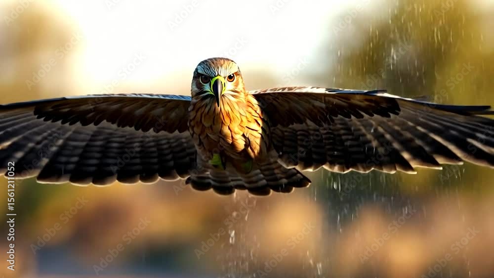 Poster a majestic bird in flight with wings spread against a blurred background of trees and light. water d