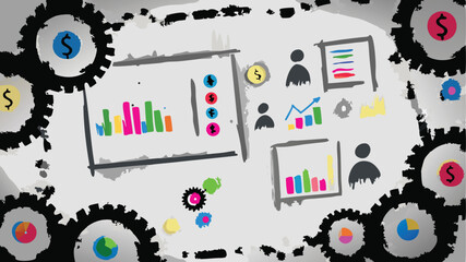 Illustration of business charts and graphs with gears and dollar signs in a dynamic presentation style