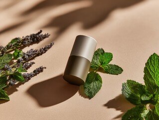 Natural Deodorant Stick with Lavender and Mint on Soft Surface