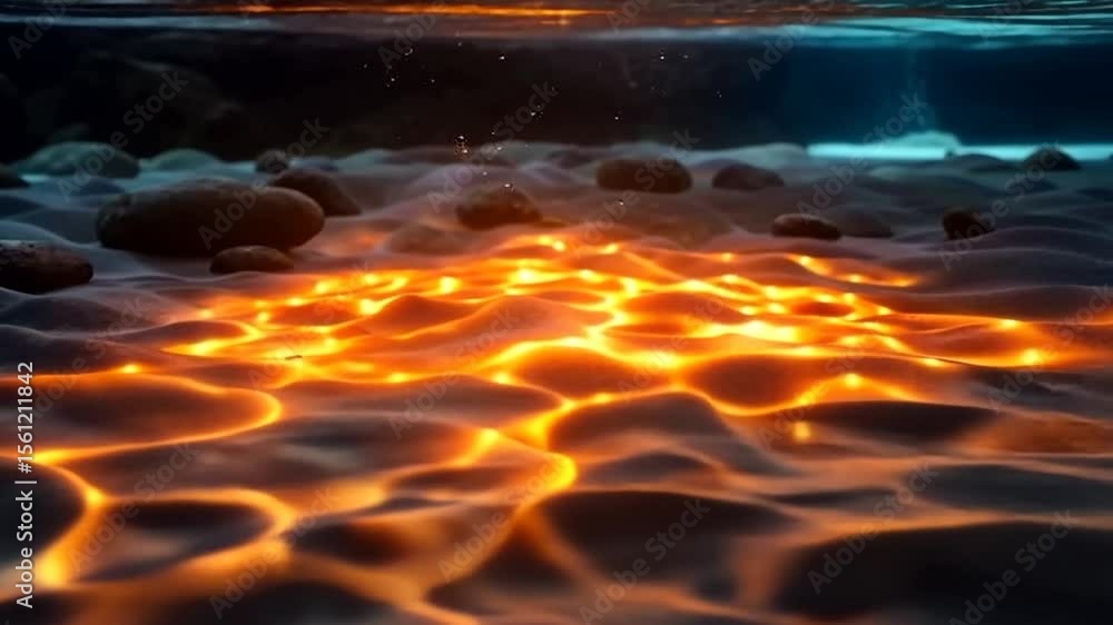 Poster underwater view with orange and yellow glowing patterns reflecting on sand and rocks creating an eth