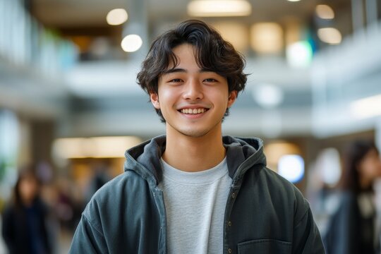 Asian young adult college student standing and smiling in the academic library of campus, Generative AI