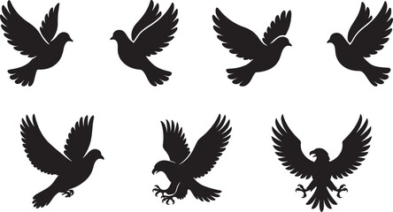 Obraz premium Silhouettes of flying pigeons and eagles representing concepts of freedom and peace and strength