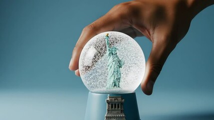 Hand holding Liberty Statue snow globe, blue background, souvenir