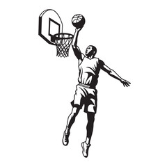 Naklejka premium Black and white illustration of a basketball player shooting for a slam dunk with a ball
