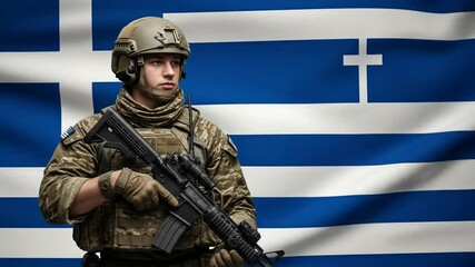 Greek soldier standing guard with assault rifle in front of national flag waving - Powered by Adobe