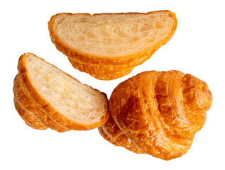 Top view set of single brown or golden croissant with two halves in stack isolated on white background with clipping path