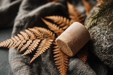 Natural Deodorant Stick on Jute Cloth with Fern Leaves and Rock