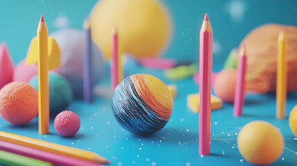 Back to school concept with colorful educational supplies and cosmic-themed learning tools