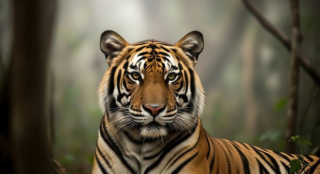 Majestic Bengal tiger, captured in a dense, misty jungle environment, with a sense of quiet power and watchful eyes.