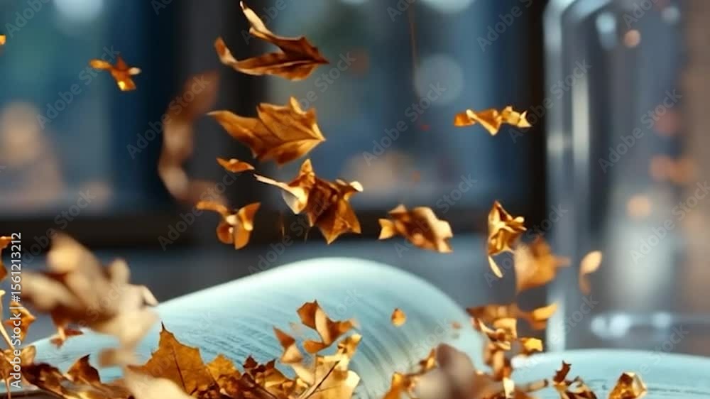 Aufkleber Close up of a book with open pages and autumn leaves falling from above. The scene is filled with warm colors and soft focus with a blurred background
