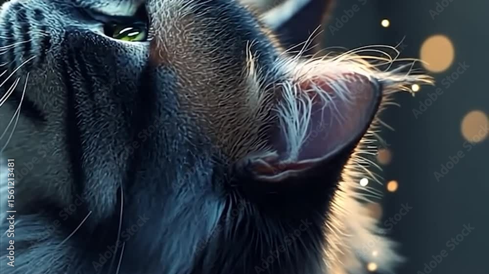 Poster detailed video showing a cat head. gray fur illuminated by warm light. bokeh effect in the backgroun