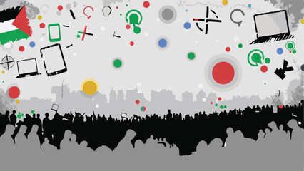 Illustration showing a crowd of people with a palestinian flag and various technology symbols above them