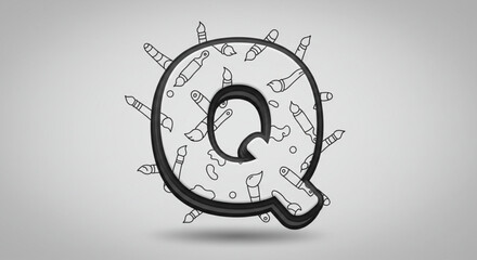Creative letter Q typography filled with a hand-drawn pattern of artist tools like brushes and pens. Monochrome vector alphabet design.