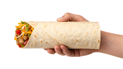 Hands holding a variety of tortilla-based snacks, including chips, wraps, and nachos, perfect for any meal