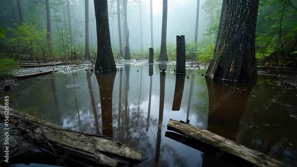 Poster eerie swamp scene featuring tall trees standing in the water reflective surface with misty fog creat