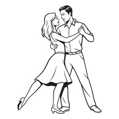 Elegant black and white illustration of a couple gracefully dancing together with love