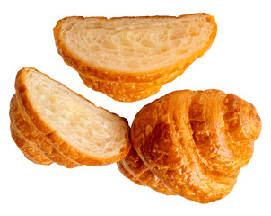 Top view set of single brown or golden croissant with two halves in stack isolated with clipping path in png file format