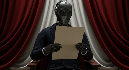 AI Robot Reading Important Document on Stage