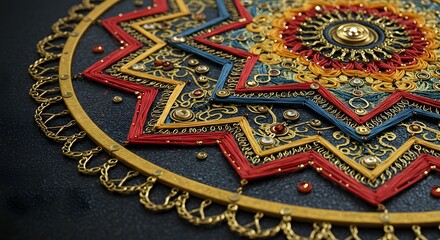 Detailed close-up of a vibrant handmade mandala with an ornate star design. Intricate textile art with gold, red, and blue embroidery and beads on a dark background.