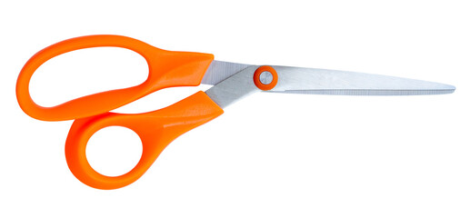 Medium multipurpose scissors with orange handle in vertical isolated on white background with clipping path