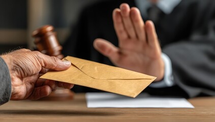 Justice Prevails: A judge's firm refusal against bribery symbolizes upholding justice and integrity in a court of law, emphasizing the fight against corruption.