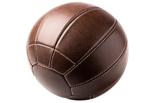 Vintage style brown leather sports ball with white stitching isolated with transparent background