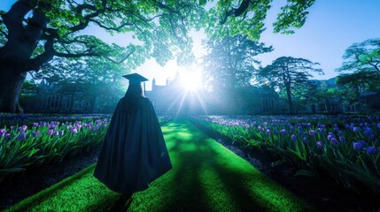 A graduate walks a pathway lined with tulips