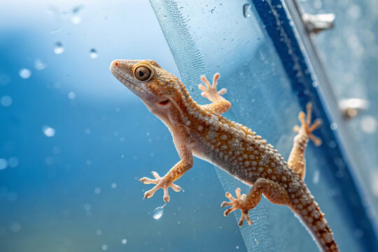 Gecko Climbing on Glass with Water Droplets, Close-Up View of Reptile's Textured Skin and Toes Against a Blue Gradient Background isolated on background