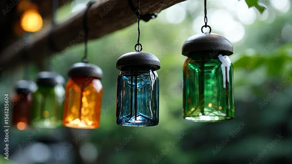 Poster colorful glass lanterns hanging from a branch with blurred greenery in the background creating a fes