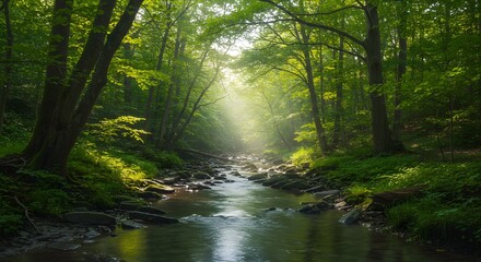 Sunlit Stream Winding Through Lush Green Forest