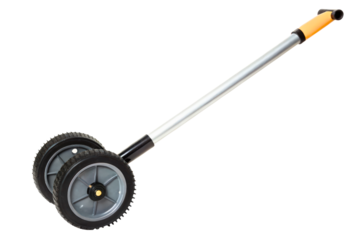 Distance measuring wheel tool with a long aluminum handle isolated with transparent background