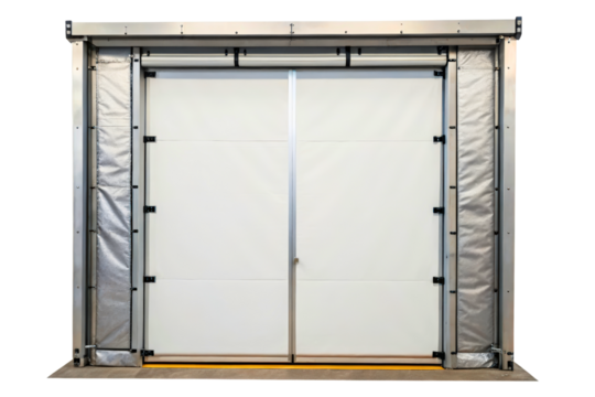 Insulated industrial freezer door for a cold storage warehouse isolated with transparent background