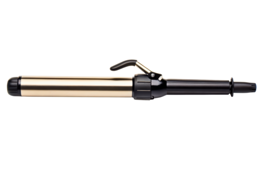 Curling iron with black handle and gold barrel isolated with transparent background