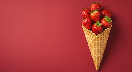 Waffle cornet with strawberries on a red background. Creative fruit concept.