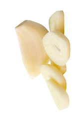 Top view of peeled garlic clove with slices in stack isolated on white background with clipping path