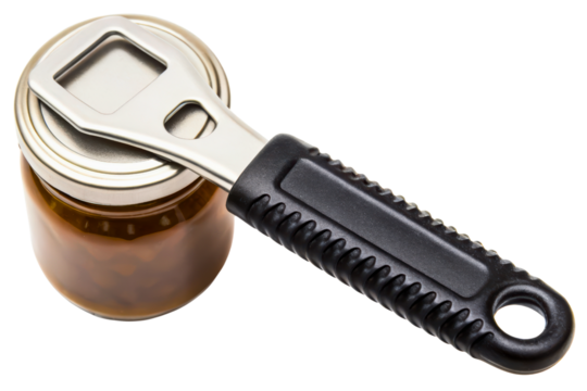 Metal jar opener tool with a black handle for a glass jar isolated with transparent background
