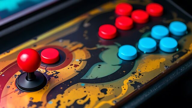 Close-up of colorful arcade game buttons from 90s machine. Ideal for nostalgia, gaming history, and retro technology visuals