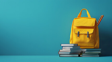 Back to school. Yellow backpack with books and school stuff on blue background 3D Rendering