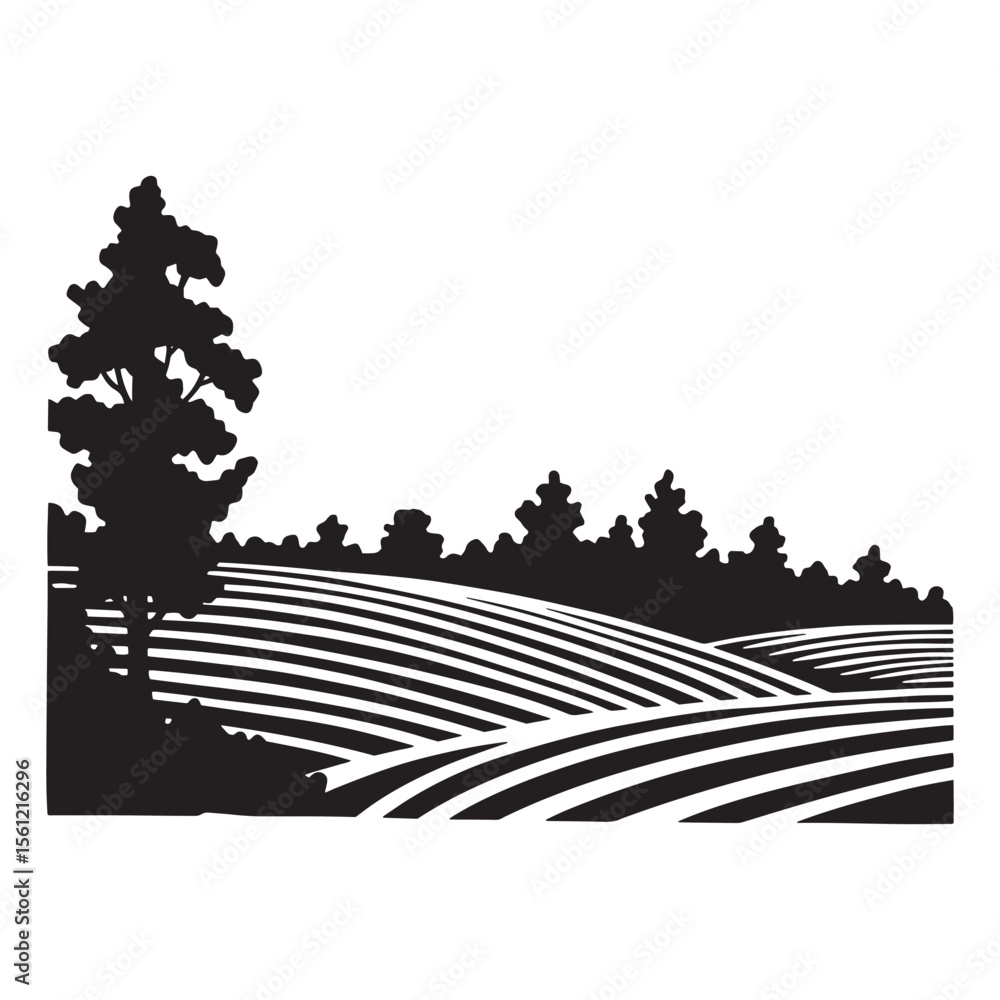 Poster silhouette of a farm field landscape depicting rolling hills and a tall tree with the forest in the 