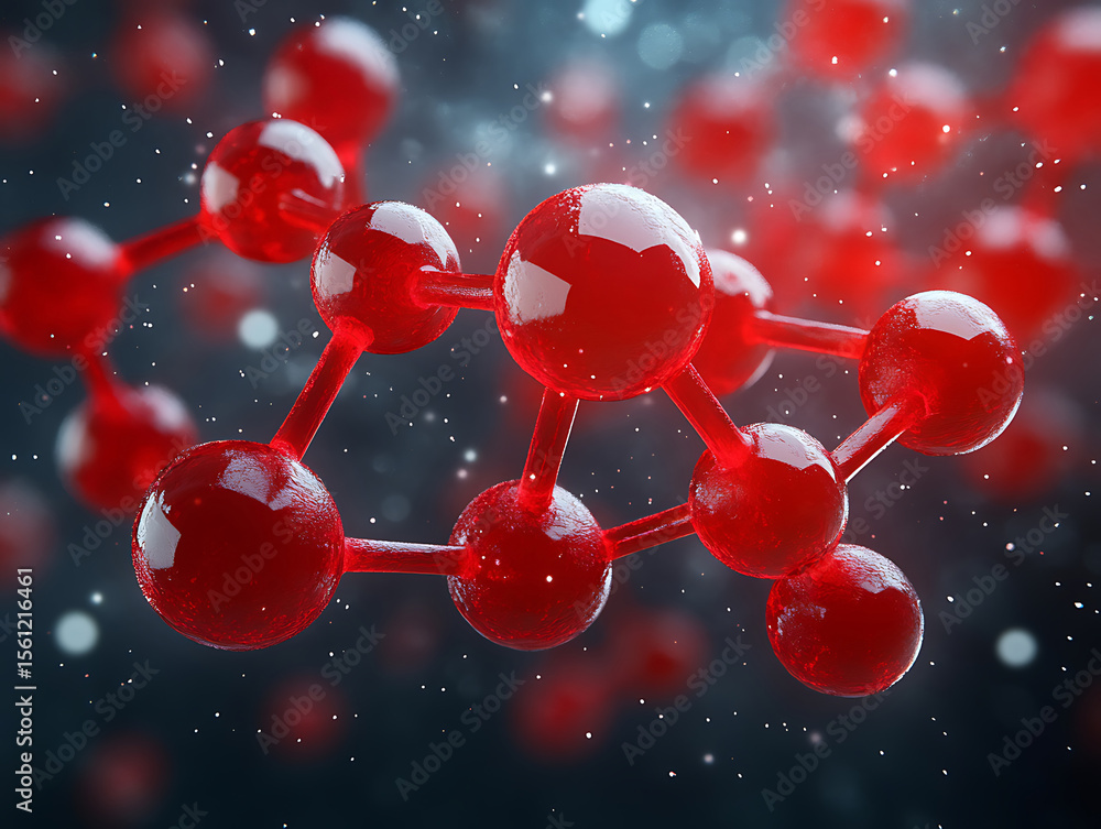 Aufkleber 3d render of red molecule structure with atomic bonds in scientific visualization and dark abstract 