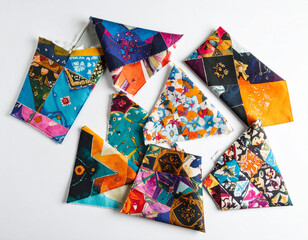 A collection of small, irregularly shaped fabric pieces, each featuring distinct and colorful abstract patterns, are scattered on a clean white background. This image is ideal for themes of creativity
