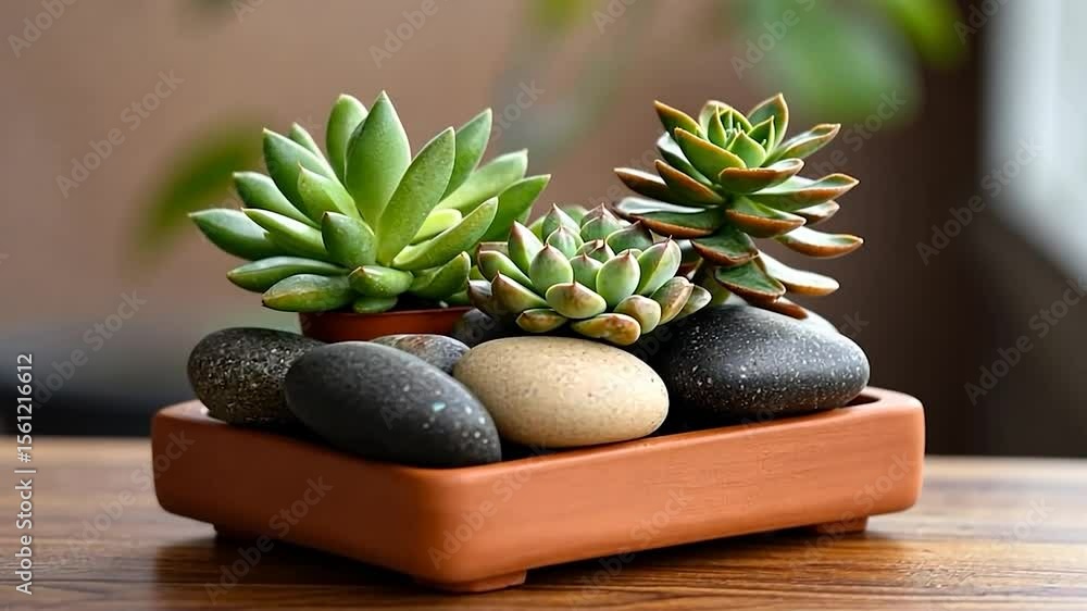 Poster arrangement of succulent plants in a rectangular planter with smooth rounded stones on a table top c