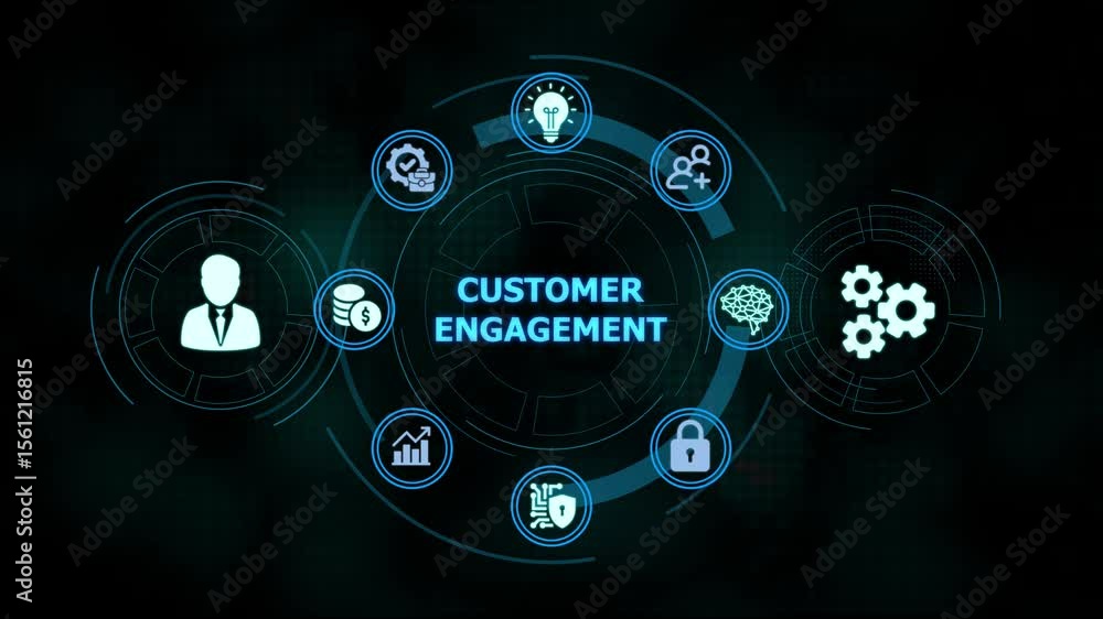 Poster futuristic interface depicting business concepts with user and gear icons