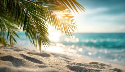 Golden sunlight filters through palm fronds onto a pristine beach, creating a tranquil tropical paradise scene.