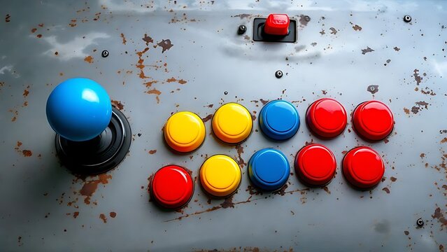 Close-up of colorful arcade game buttons from 90s machine. Ideal for nostalgia, gaming history, and retro technology visuals