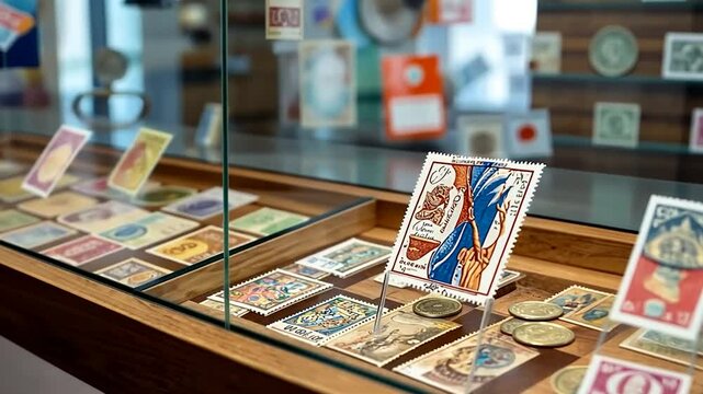Close-up of various vintage postage stamps on display inside a glass cabinet with wooden frame. The focus is on detailed colors and designs of the stamps