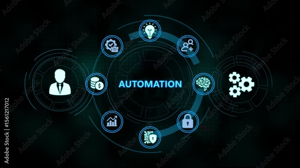 Poster animated futuristic business tech interface with employee and gear icons on display