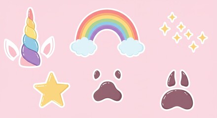 Cute unicorn and rainbow elements on pink background for children's design